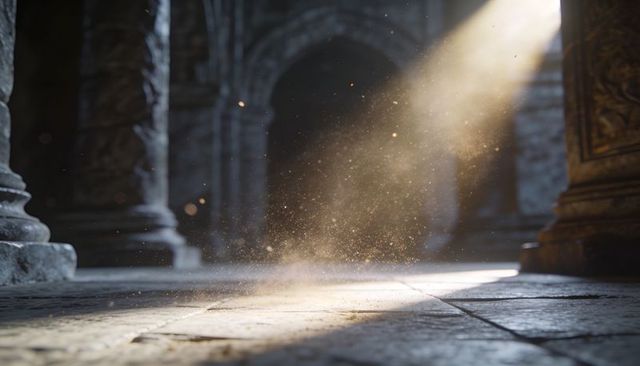 Sunbeam streaming through ancient arches lighting dust motes on worn stone floor, carved columns
