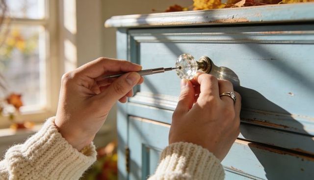 Tightening faceted glass knob on distressed blue dresser, hands using precision driver