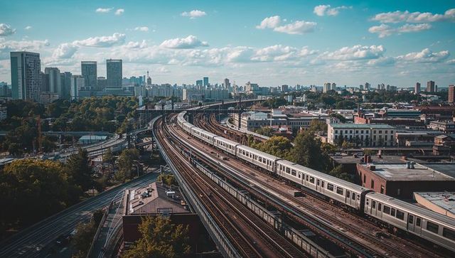 Gliding commuter train curving on elevated tracks with urban skyline panorama