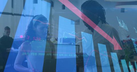 Business people analyzing declining stock market data