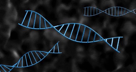 Cyan DNA Helix Crossing Diagonal Over Black Halftone Mesh With Floating Spiral Ladders