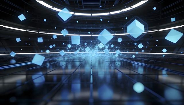 Floating cyan-blue voxel grid with glowing cubes and particle trail in futuristic chamber