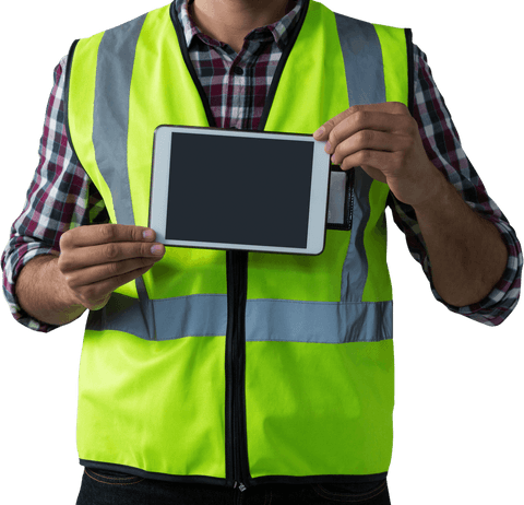 midsection of man in safety vest holding tablet, transparent background - Download Free Stock Videos Pikwizard.com