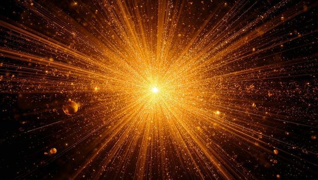 Golden Cosmic Burst Radiating Light Beams and Floating Particles Across Space