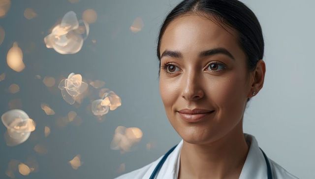 Calm woman doctor headshot wearing white lab coat and stethoscope with warm bokeh