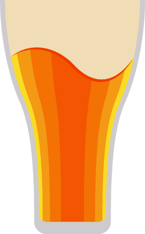 Transparent pint glass with amber beer and frothy head in flat design