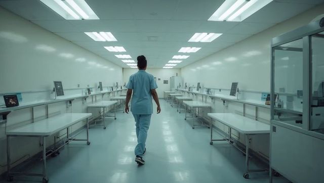 Medical technician walking down sterile lab corridor with stainless worktables and monitors