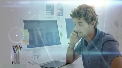 Young Designer Immersed in Technology with Digital Interface