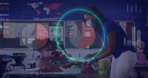 Teacher and Student Sanitizing Hands with Infographic Overlay