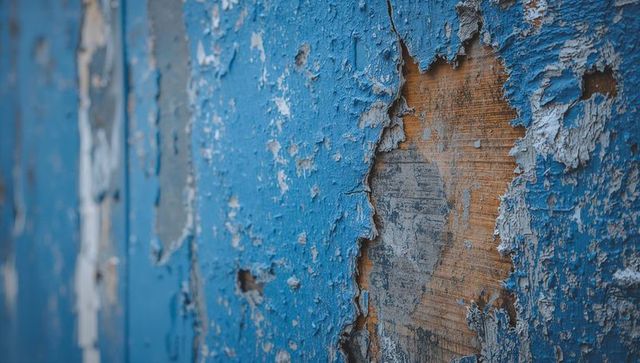Peeling blue paint revealing weathered wood grain close-up rustic texture background