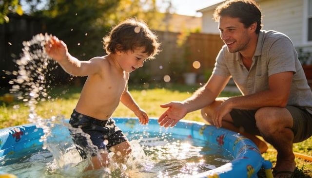 Preschooler splashing in backyard kiddie pool with smiling father at sunlit golden hour