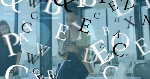 Woman Using Smartphone Amidst Flying Letters and Digital Graphics
