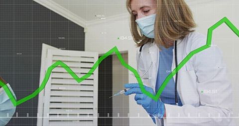 Clinician preparing vaccine syringe with mask and gloves, healthcare analytics graph overlay