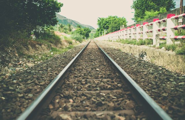 Railroad tracks stretching into the distance with countryside surroundings including trees and rocky ground. This image can be used for concepts of travel and adventure, promoting transportation services, or illustrating stories set in rural areas.