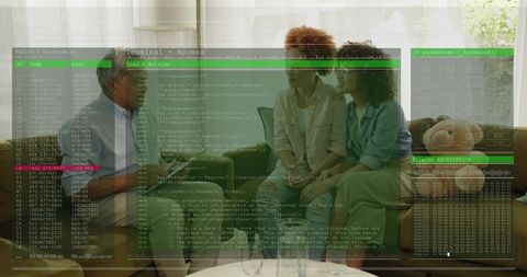 Family Reviewing Code with Augmented Digital Overlays on Tablet While Relaxing on Sofa