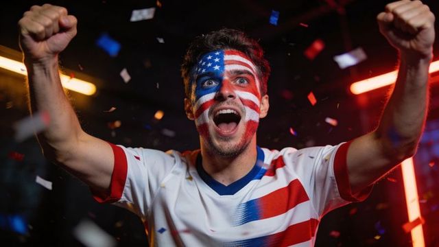 Passionate usa fan cheering with flag face paint and raised fists in energetic fan zone