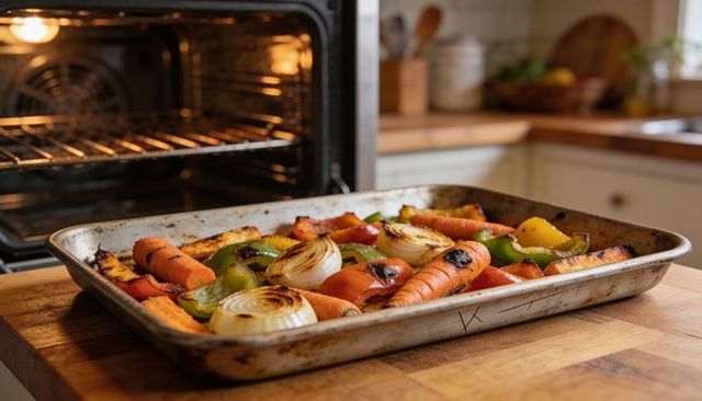 Roasting tray with charred carrots, onions and bell peppers on wooden counter near open oven