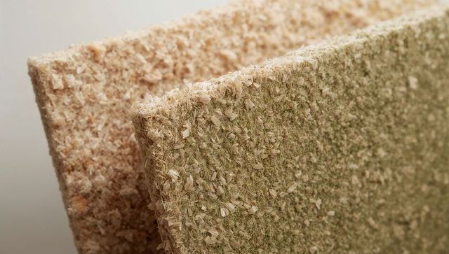 Textured wood fiberboard panels overlapping with natural shavings green and beige tones