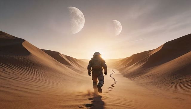 Astronaut walking across alien desert leaving deep footprints toward twin moons on horizon