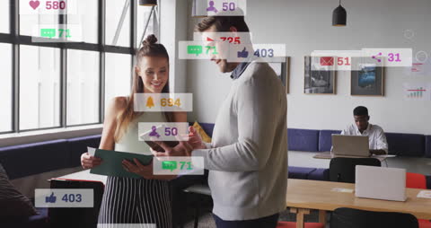 Colleagues Interacting with Social Media Notifications Overlay