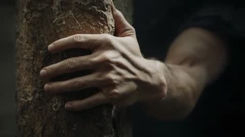 Muscular hand gripping tree trunk in shaded forest close-up forearm veins tension