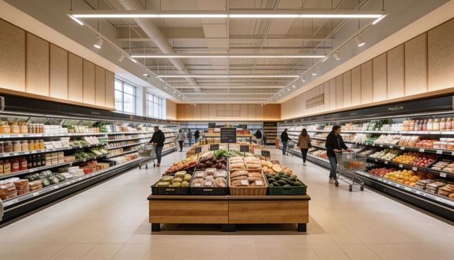 Bright modern supermarket featuring central wooden produce island and fresh produce display