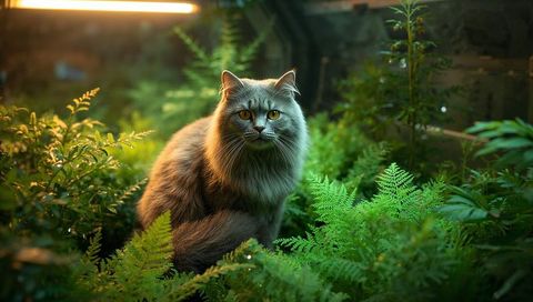 Long-haired Grey Cat Bathing in Warm Backlight Among Lush Ferns in Tranquil Garden