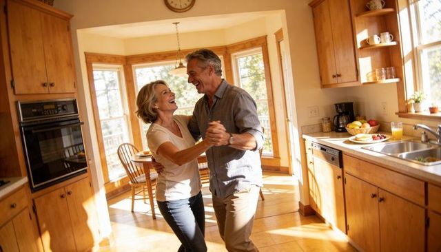 Mature couple dancing in sunlit kitchen sharing joyful romantic moment in morning light