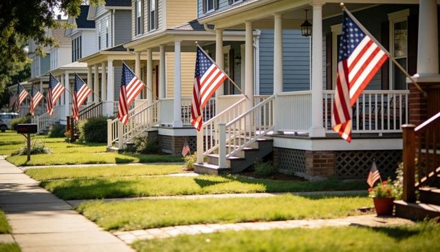 Sunlit suburban porches displaying american flags on row of pastel homes