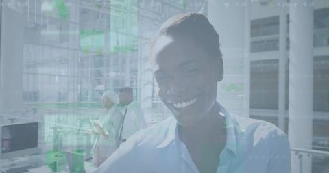 businesswoman smiling with financial data overlay in modern office - Download Free Stock Images Pikwizard.com