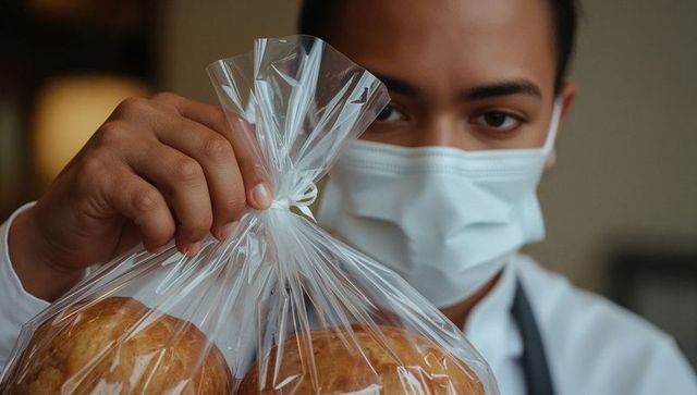 Masked bakery worker tying bag of fresh bread rolls with twist tie showing food safety
