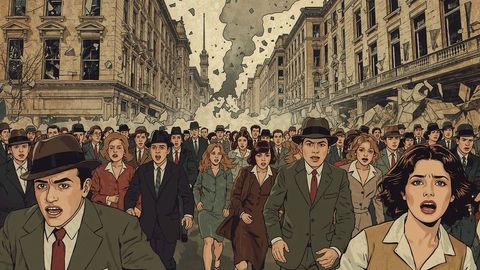 Retro chaos: panicked professionals escape urban destruction