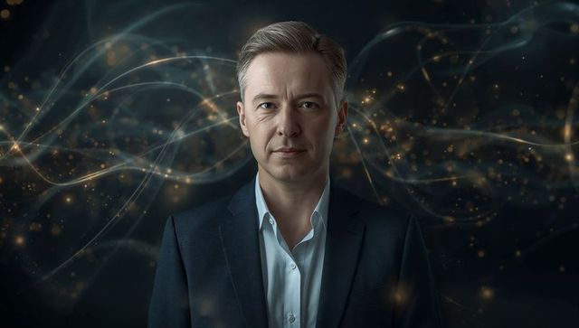 Confident executive portrait with futuristic golden light trails corporate headshot