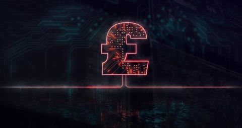 Futuristic neon pound symbol with circuit traces reflecting on wet floor for fintech