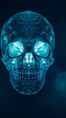 Pulsing Translucent Cyan Skull Displaying Filigree in Dark Void Futuristic Vertical Video