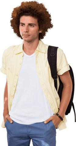 Transparent casual young man with backpack and curly hair