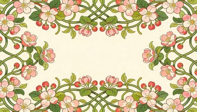 Art nouveau floral border with pink blossoms and green vines for wedding invitations