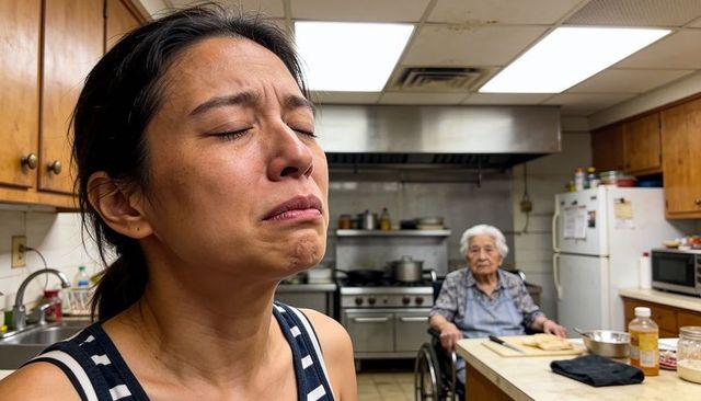 Caregiver crying in kitchen while elderly person in wheelchair looks on, eldercare stress