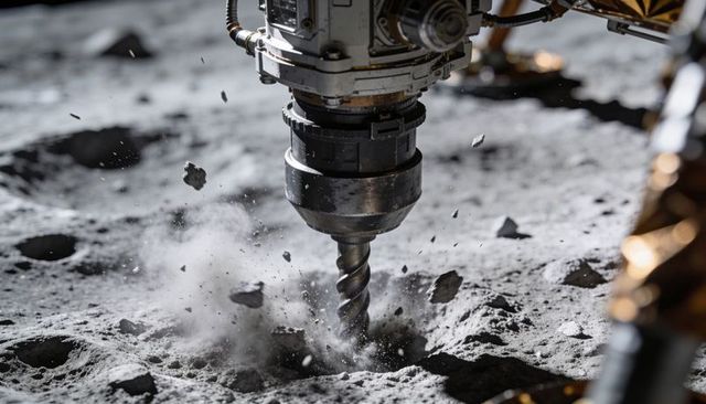 Lunar lander drill drilling regolith with helical auger ejecting dust plume and debris