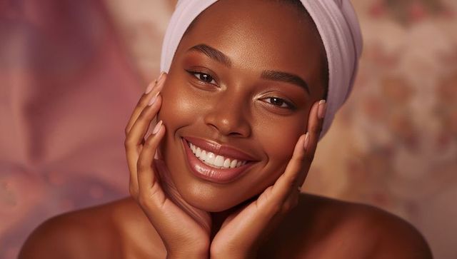 Radiant Skincare Beauty with Smiling Woman and Spa Elegance