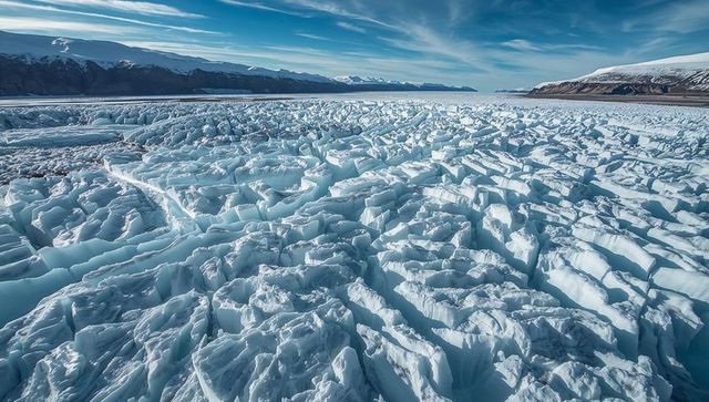 Jagged arctic pack ice and hummocks stretching across frozen bay with distant mountains