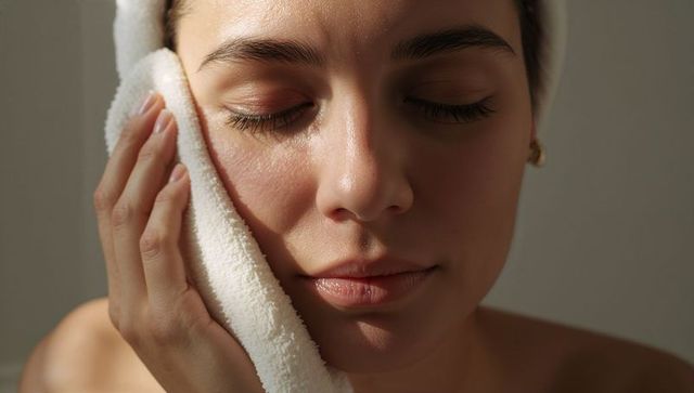 Young woman pressing white towel to cheek, spa self-care skincare closeup, relaxing