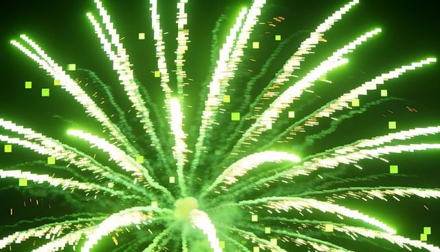 Bursting neon green firework with pixelated trails, radiant emerald glow and smoky core