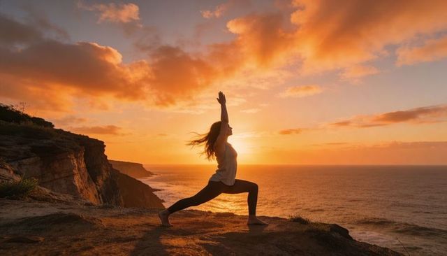 Woman practicing yoga on coastal cliff at sunset overlooking ocean horizon during golden hour
