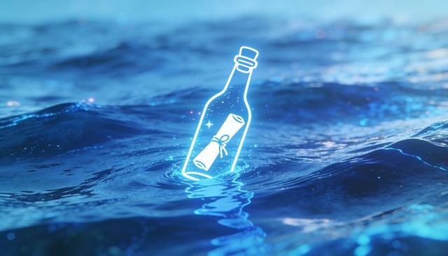 Neon message in bottle floating on ocean at twilight with glowing scroll and sparkles
