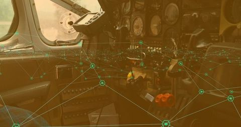 Cockpit panel displaying ar network overlay over avionics, yoke, throttle and instruments