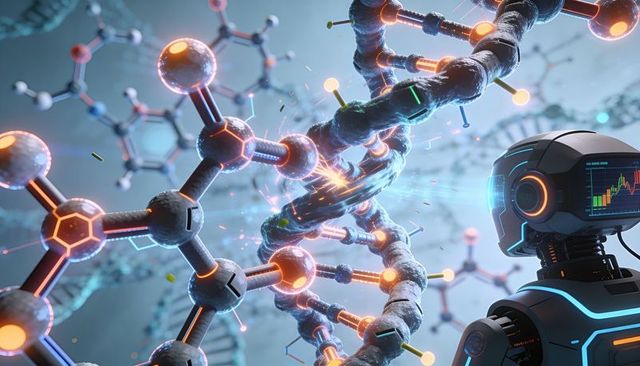 Robot analyzing glowing dna helix with live data visualization for ai genomics