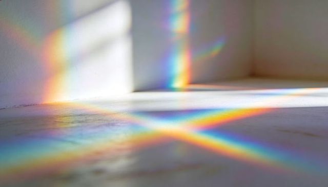 Prism casting diagonal rainbow light across minimal white corner for abstract background