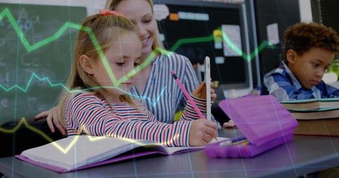 Teacher guiding elementary student writing with tablet and data graph overlay