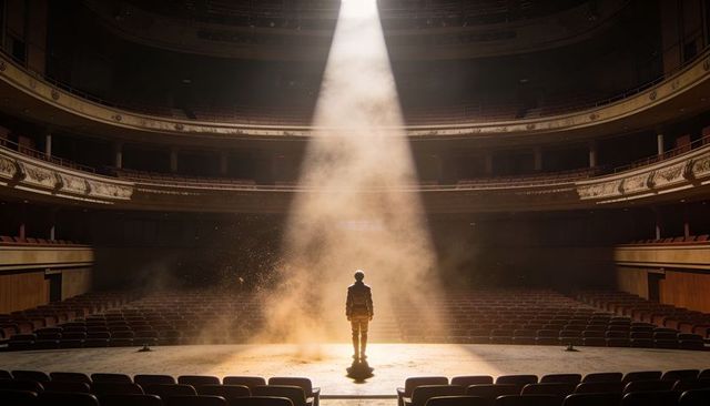 Solitary Performer Standing in Spotlight on Empty Ornate Theater Stage with Dusty Haze